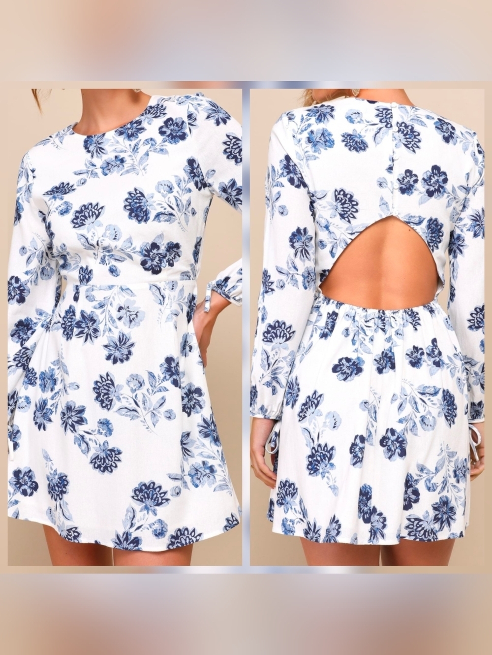Lulus Darling Simplicity White and Blue Floral Linen Cutout Mini Dress, Size XS